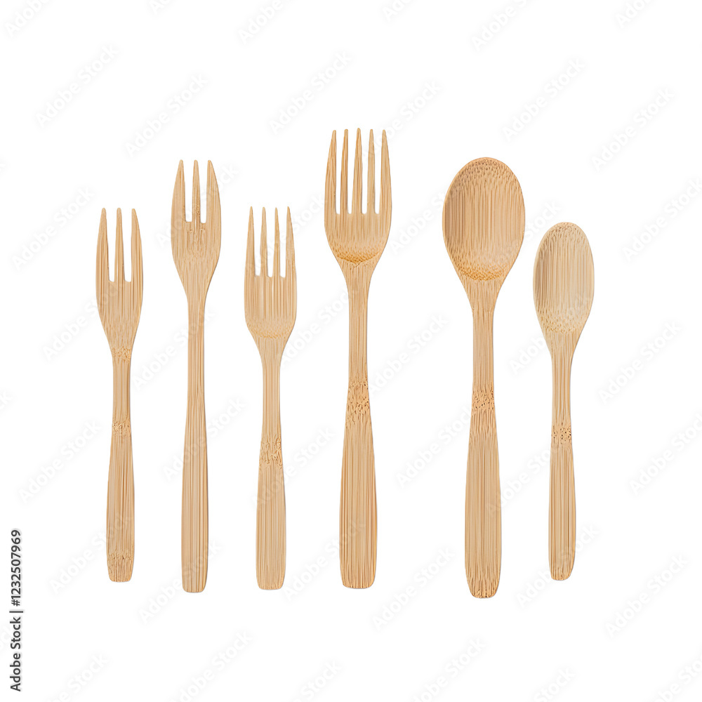 Eco-friendly bamboo cutlery set on a white background, highlighting a sustainable and stylish alternative to plastic, perfect for promoting an environmentally conscious lifestyle with natural material Eco-friendly bamboo cutlery set on a white background, highlighting a sustainable and stylish alternative to plastic, perfect for promoting an environmentally conscious lifestyle with natural material