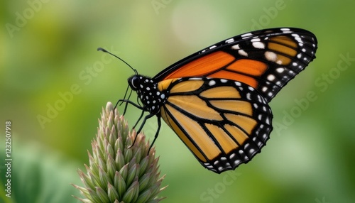 A monarch butterfly resting on the tip of a milkweed leaf with wings partially open photo