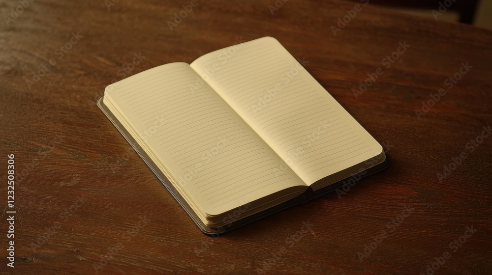 Open Blank Notebook on Rustic Wooden Table with Natural Light Open Blank Notebook on Rustic Wooden Table with Natural Light