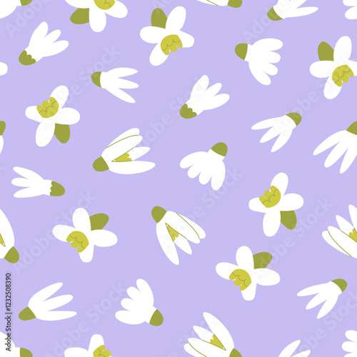 Seamless pattern with small white flowers. Snowdrop flower petals illustration. Botanical vector flat background