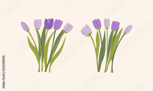 Spring bouquets of purple tulip flowers. Elegant botanical vector flat illustration. Floral clipart for spring holidays, 8 march women's day, birthday, mother's day designs