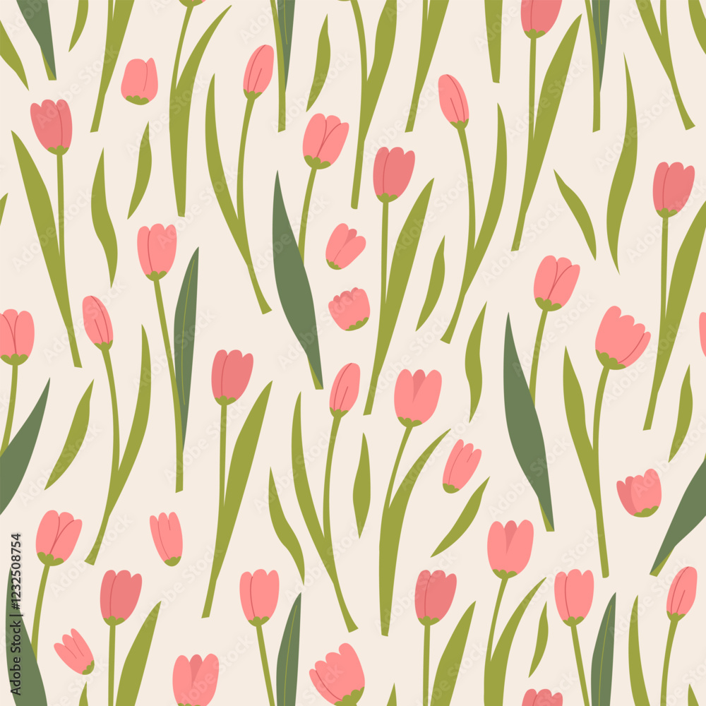 Seamless pattern with pink tulips and leaves. Floral spring vector flat background. Elegant botanical illustration backdrop for textile design, scrapbooking, wrapping paper