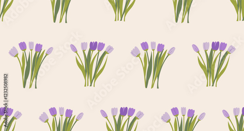 Seamless pattern with bouquets of purple tulips. Floral spring vector flat background. Elegant botanical illustration backdrop for textile design, scrapbooking, wrapping paper