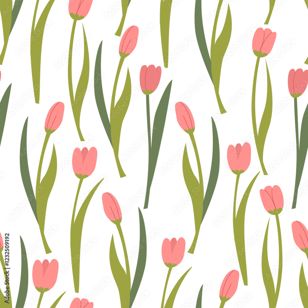 Seamless pattern with pink tulips. Floral spring vector flat background. Elegant botanical illustration backdrop for textile design, scrapbooking, wrapping paper Seamless pattern with pink tulips. Floral spring vector flat background. Elegant botanical illustration backdrop for textile design, scrapbooking, wrapping paper