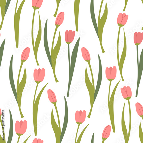Seamless pattern with pink tulips. Floral spring vector flat background. Elegant botanical illustration backdrop for textile design, scrapbooking, wrapping paper