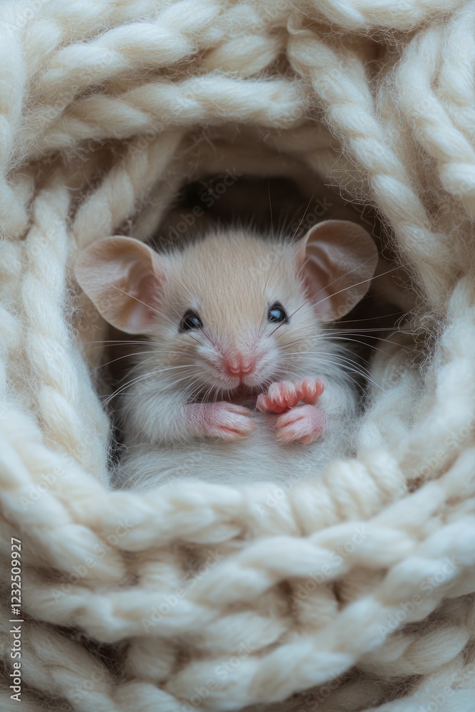 Cute rat snuggled in yarn; cozy winter scene; pet photography for calendars Cute rat snuggled in yarn; cozy winter scene; pet photography for calendars