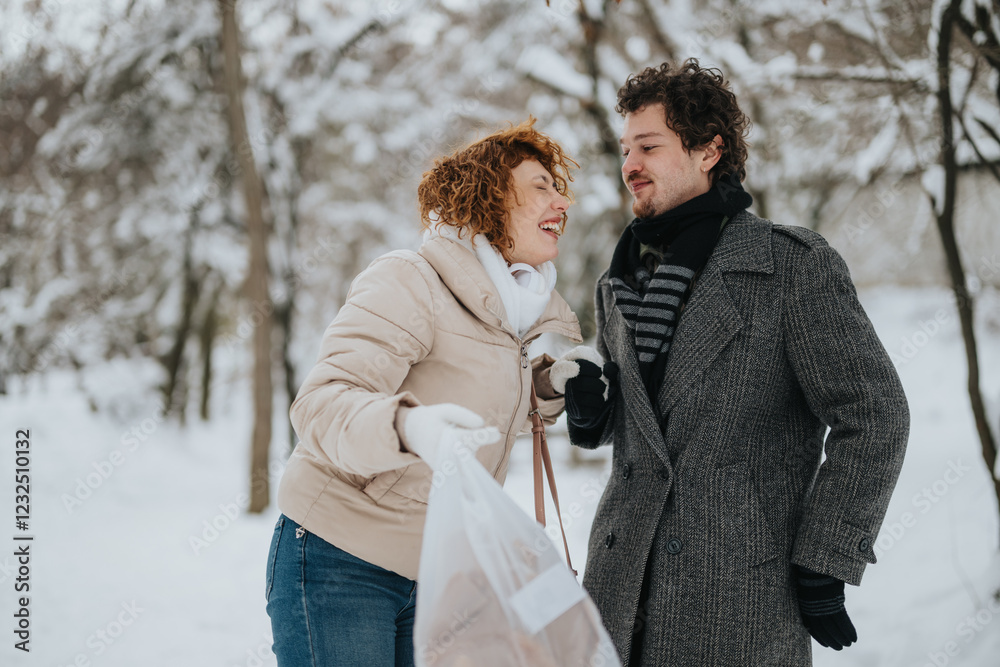 Two friends outdoors in winter, sharing a laugh while enjoying the snowy surroundings. Two friends outdoors in winter, sharing a laugh while enjoying the snowy surroundings.