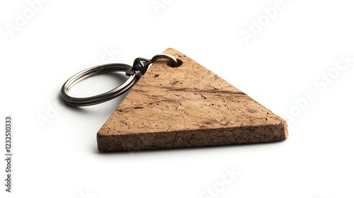 Triangular cork keychain on white isolated background.