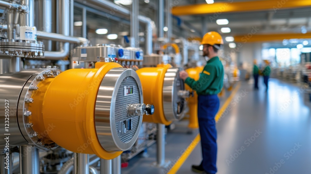 Interior view of a modern mechanical engineering facility showcasing various industrial machinery pipelines valves Interior view of a modern mechanical engineering facility showcasing various industrial machinery pipelines valves