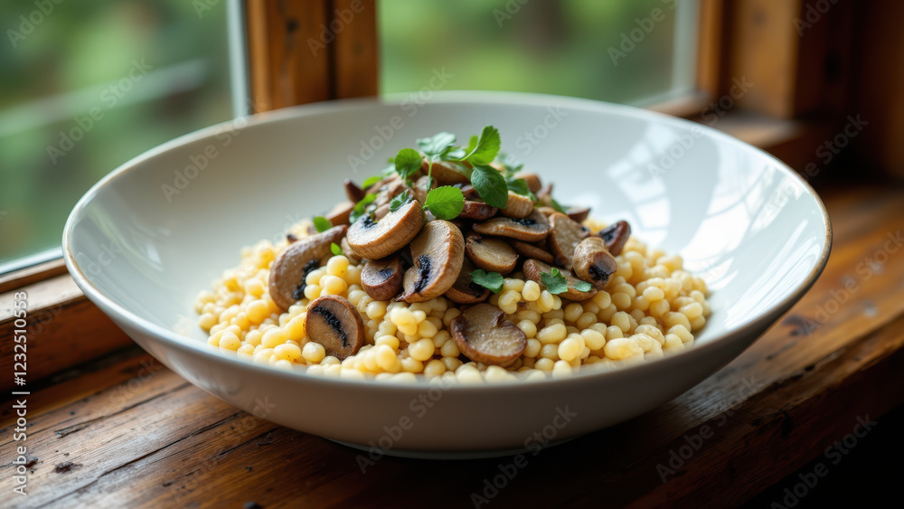 A bowl of mushroom risotto with garnish, sitting on a window sill. A bowl of mushroom risotto with garnish, sitting on a window sill.
