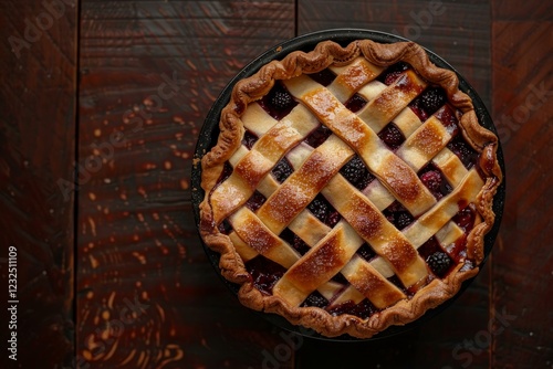 Freshly baked blackberry pie cooling on a dark wooden table, showcasing a golden lattice crust and sugared berries