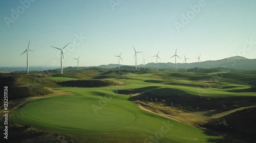 Aerial capture of farmland wind turbines spinning under a clear blue sky