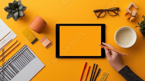 A tablet displaying a prototype with draganddrop functionality, surrounded by design tools photo