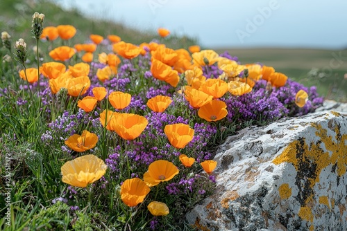 Field of wildflowers mountain landscape in Oroville California photo