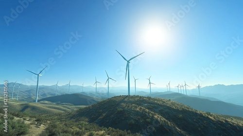 Aerial capture of farmland wind turbines spinning under a clear blue sky