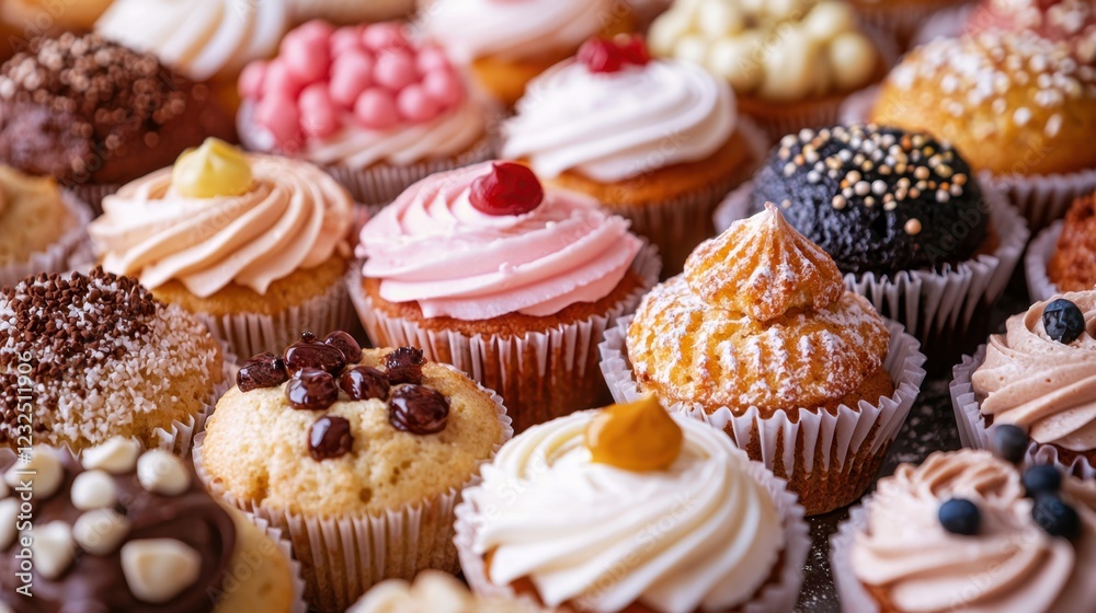Colorful Variety of Delicious Cupcakes Displayed on Table Colorful Variety of Delicious Cupcakes Displayed on Table