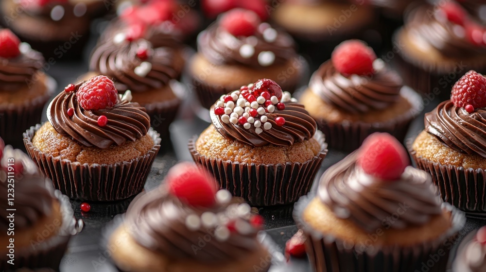 Delicious Chocolate Cupcakes Topped with Raspberries and Sprinkles Delicious Chocolate Cupcakes Topped with Raspberries and Sprinkles