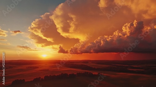 Aerial capture of rolling clouds glowing in fiery orange during sunset