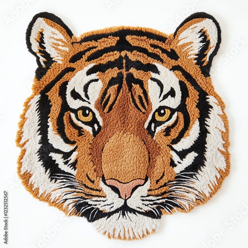 Detailed embroidery of a tiger's face on a white isolated background.