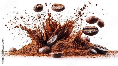 A visually stunning artistic photo captures coffee grounds in a slow motion cascade from a grinder, set against a white background in full body