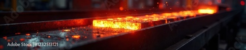 Glowing red-hot steel billets moving on conveyor belt, red hot, heat, rolling mill