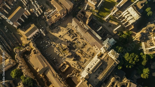 Aerial capture of the ancient Roman Forum with its iconic ruins and columns