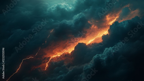 Aerial clouds captured during a thunderstorm, with lightning illuminating the dark sky