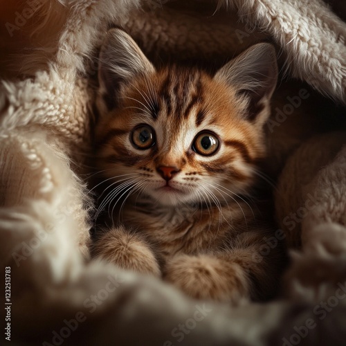 Adorable Tabby Kitten Curled Up in Cozy Blanket with Big Eyes photo