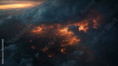 Aerial clouds captured during a thunderstorm, with lightning illuminating the dark sky