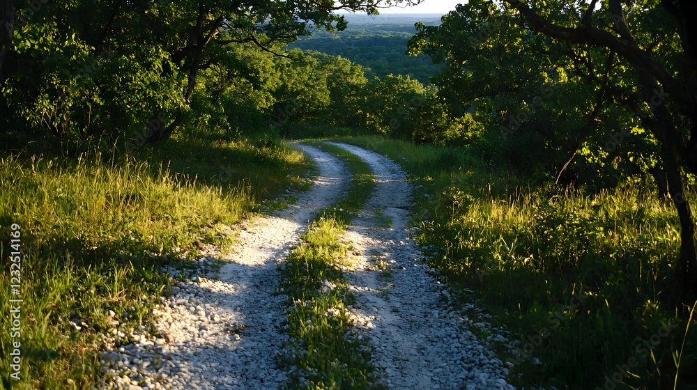 Obraz premium Winding gravel road through scenic hills at sunset