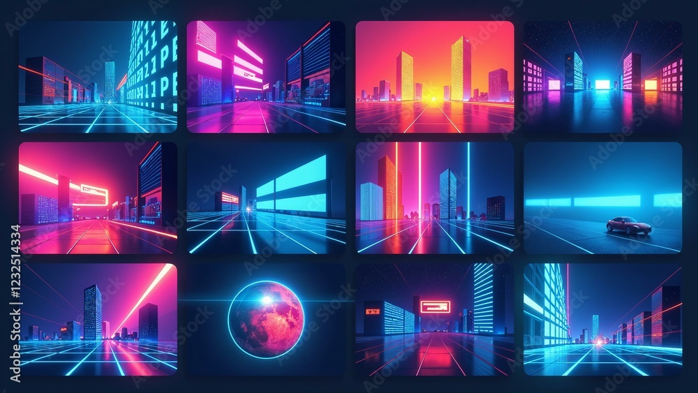 Fototapeta premium A futuristic grid composition featuring neon lights, gradient backgrounds, and bold typography against an aqua blue color scheme.