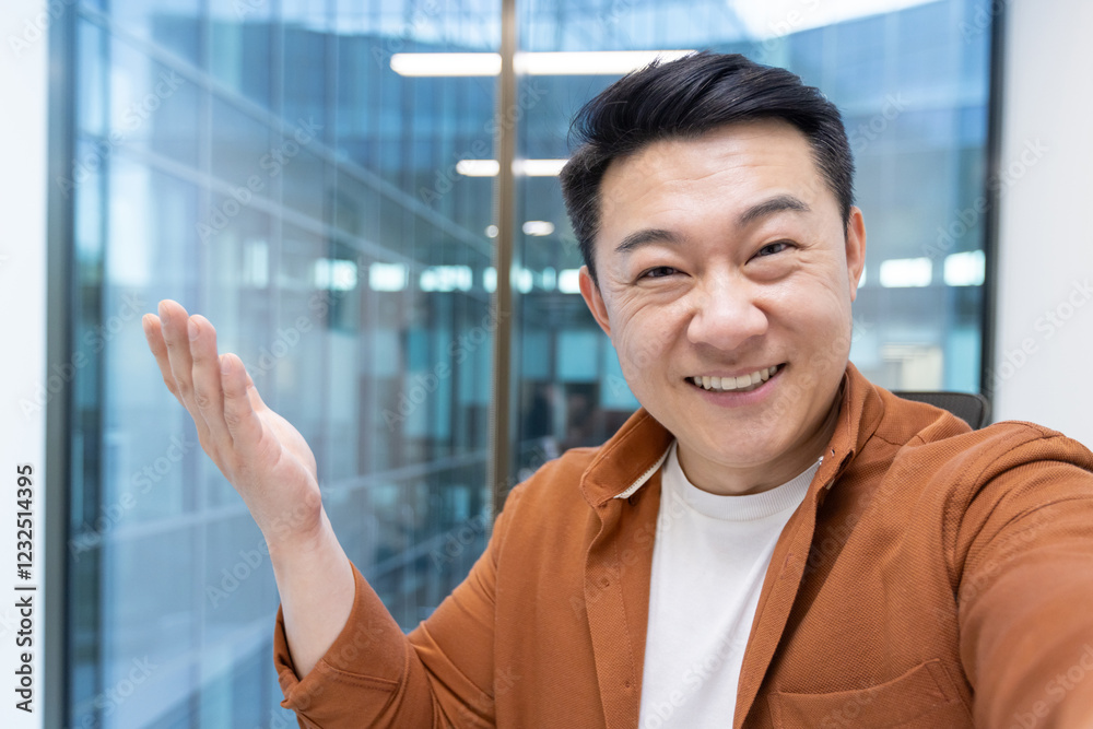 Happy and successful Asian man talking using video call app on phone. Man working inside office at workplace, looking at camera. Happy and successful Asian man talking using video call app on phone. Man working inside office at workplace, looking at camera.