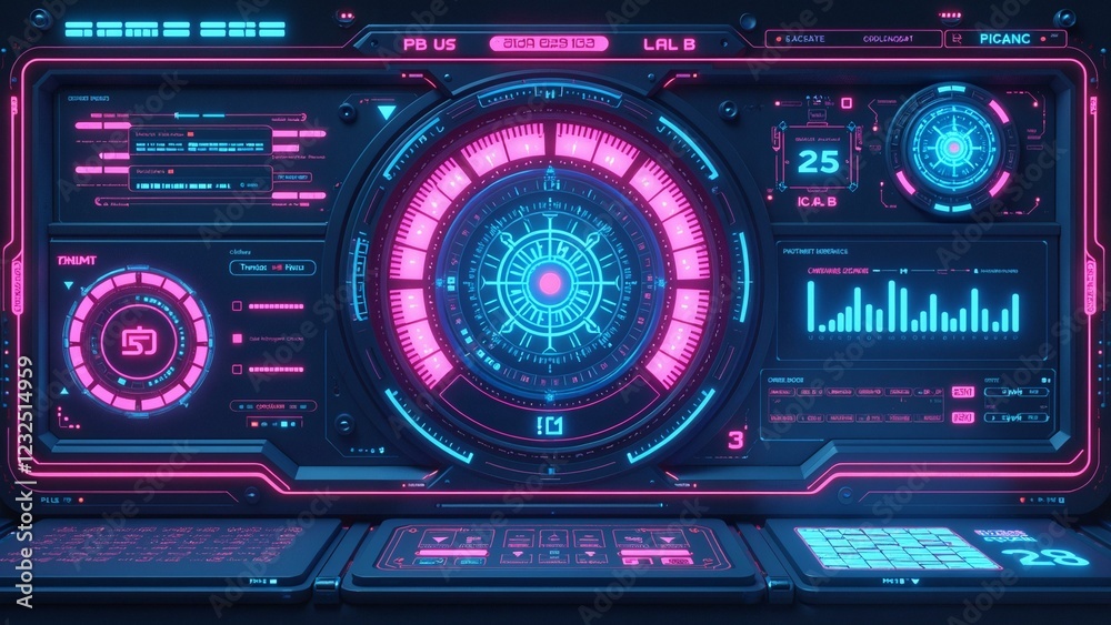Fototapeta premium A futuristic console with neon lights, holographic projections, and circuitry elements in a stylized composition.
