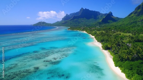 Aerial footage of a tropical island with turquoise waters, white sandy beaches, and lush palm trees
