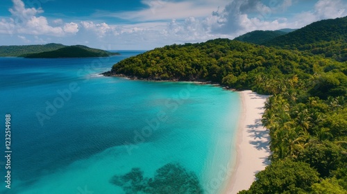 Aerial footage of a tropical island with turquoise waters, white sandy beaches, and lush palm trees