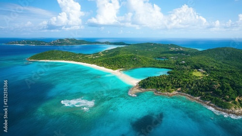 Aerial footage of a tropical island with turquoise waters, white sandy beaches, and lush palm trees