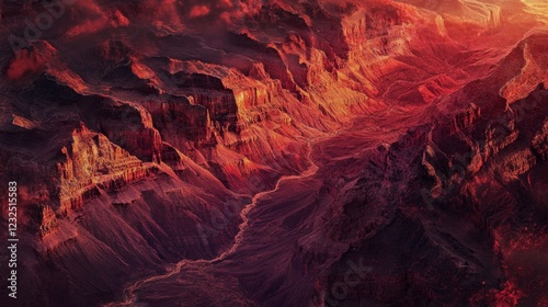 Aerial panorama of the Grand Canyon at sunrise, showcasing its deep red hues and rugged formations