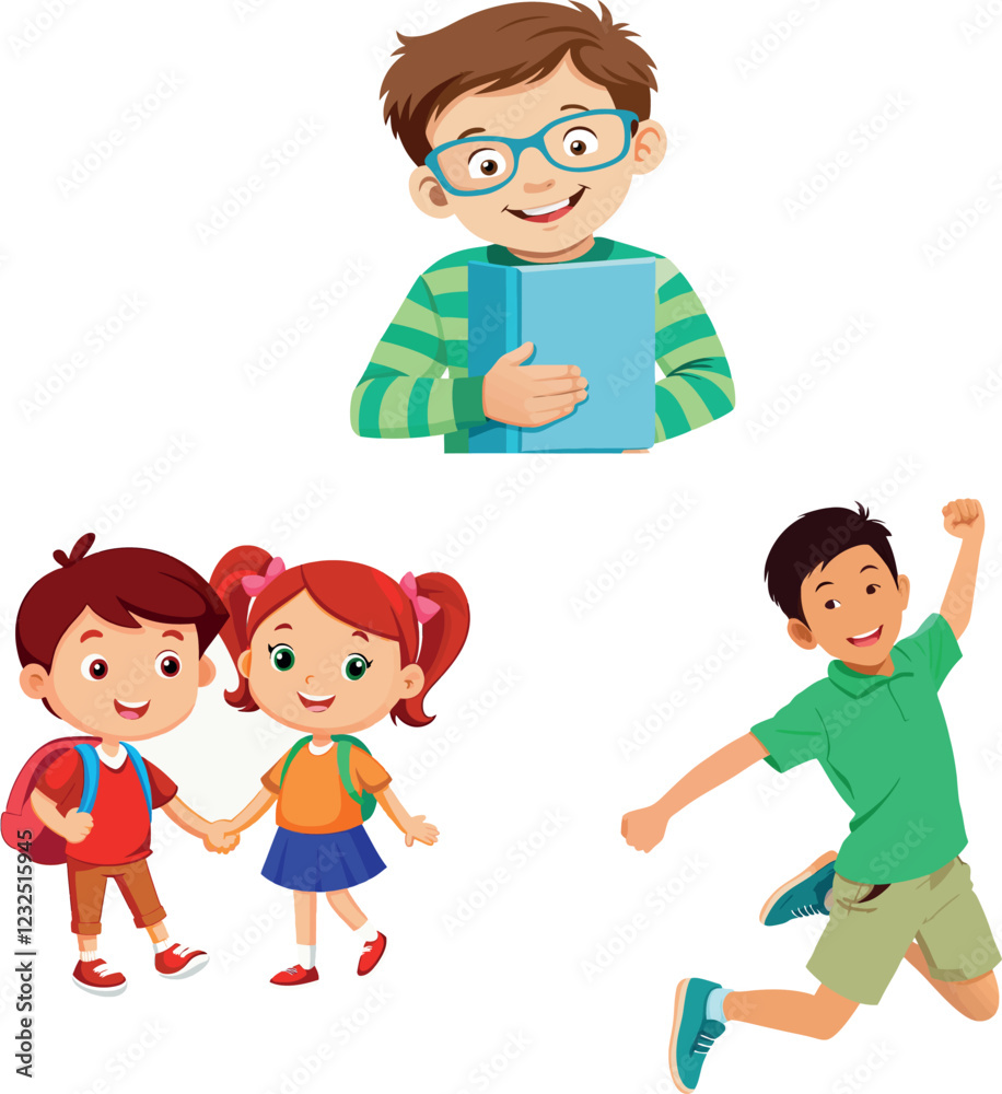 Smiling school kids holding hands, jumping and holding book Smiling school kids holding hands, jumping and holding book