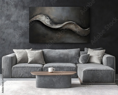 3D rendering of a living room interior with a gray sofa and concrete wall mockup, white carpet flooring, a coffee table with a mug on it, an abstract painting on the black wall above a gray fabric cou photo