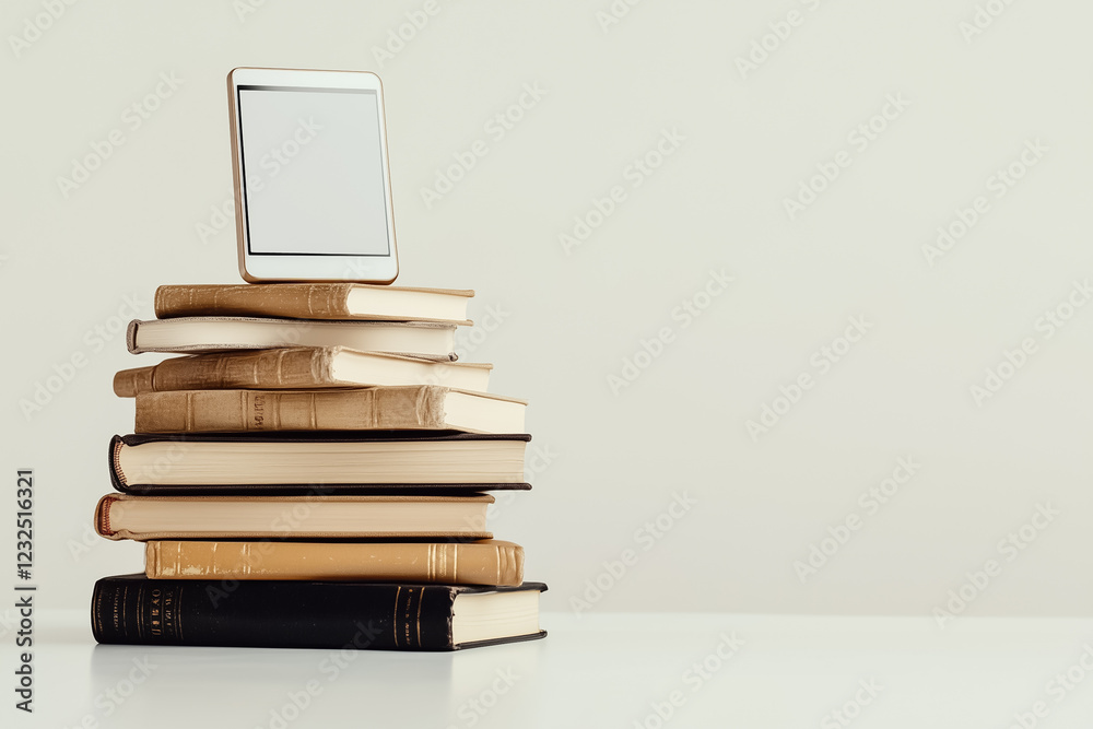 Fototapeta premium A stack of various books is complemented by a sleek e-reader prominently displayed above. The clean background emphasizes the shift towards digital formats in a modern space