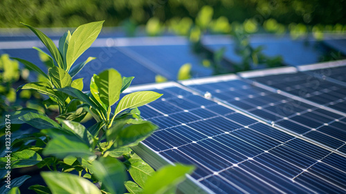 Close-up view of solar panels with green foliage, showcasing renewable energy in a natural setting
