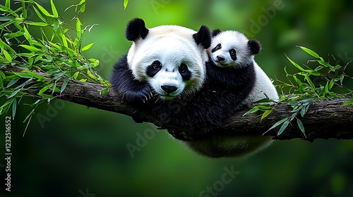 Mother panda and cub on bamboo branch, forest background, wildlife conservation photo