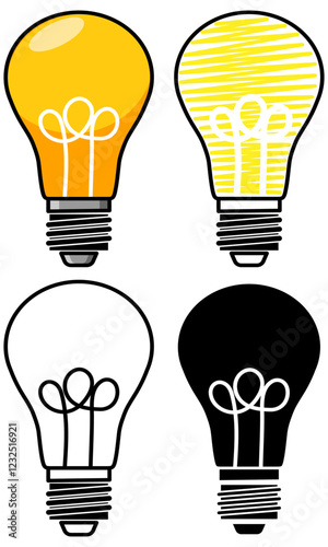 Set of Lightbulb designs in Colour, Scribble, White and Black and Black and White, graphic for an idea, enlightenment or inspiration concept, isolated on a white or transparent background.