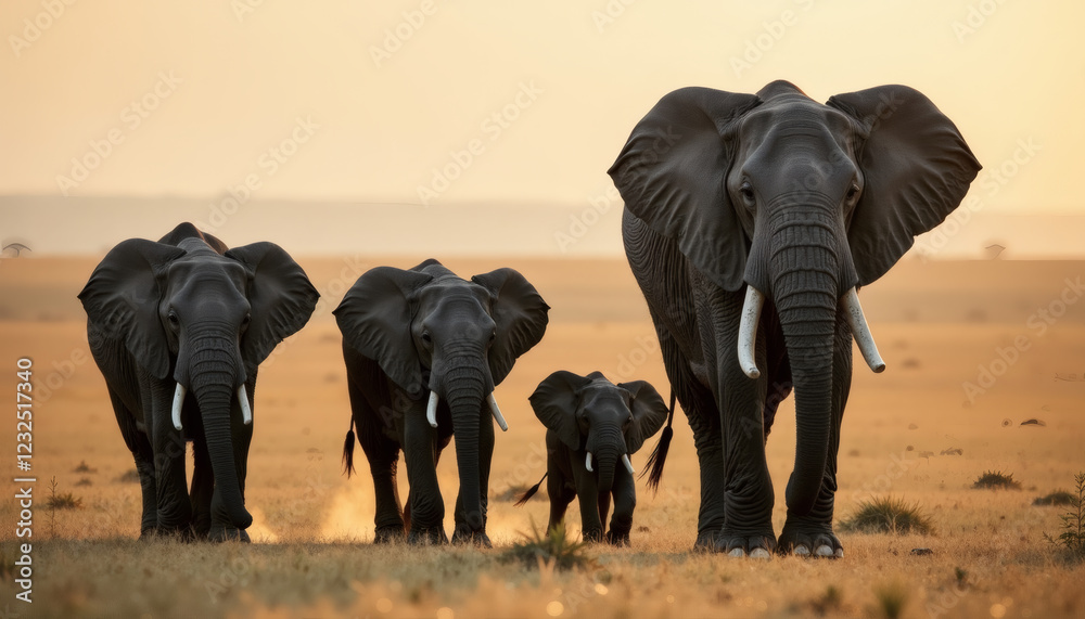 Fototapeta premium Elephant Family Walking Savannah