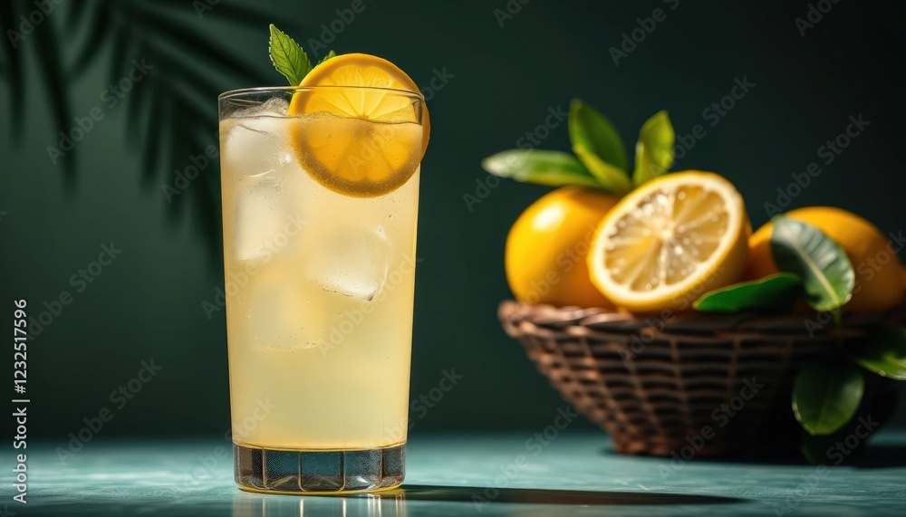 Fototapeta premium Fresh lemonade lemon juice in studio lighting and background, cinematic drink photography 