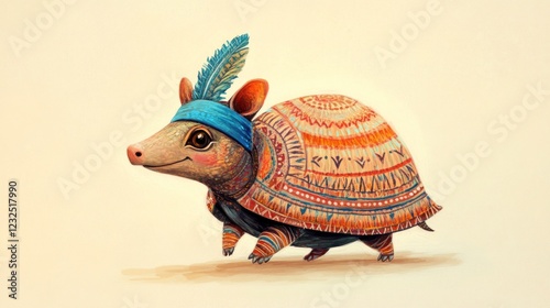 Armadillo in Native American attire walking, beige background, children's book illustration photo