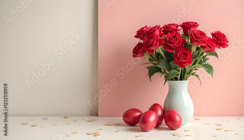 Fototapeta Naklejka Na Ścianę i Meble -  An Easter greeting card design featuring red Easter eggs and beautiful rose flowers in a vase, placed on a table. The soft dual-tone wall beside it adds a subtle contrast, highlighting the vibrant egg