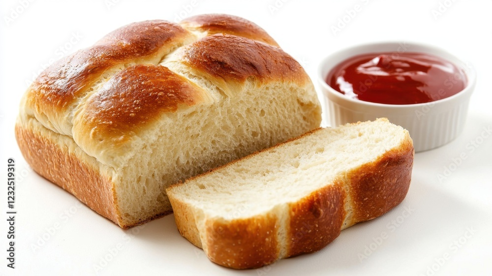 Freshly Baked Bread Loaf with Sliced Portion and Tomato Sauce Freshly Baked Bread Loaf with Sliced Portion and Tomato Sauce