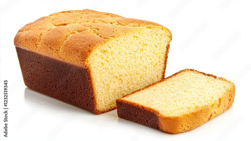 Freshly Baked Loaf of Yellow Cake with Slice on White Background Freshly Baked Loaf of Yellow Cake with Slice on White Background