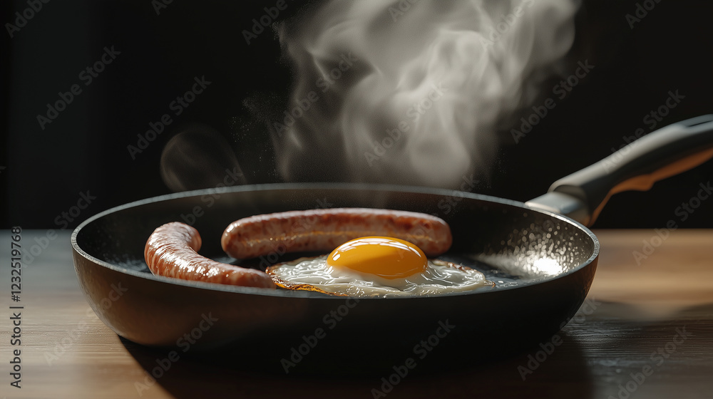 Sizzling Sausages and Sunny Side Up Egg in Frying Pan Sizzling Sausages and Sunny Side Up Egg in Frying Pan